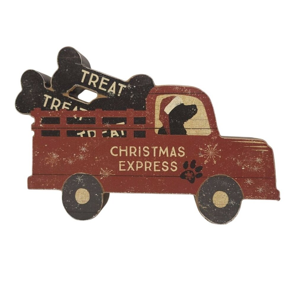 Primitives by Kathy Christmas Express Truck Dog Puppy Treats Chunky Sitter Wood